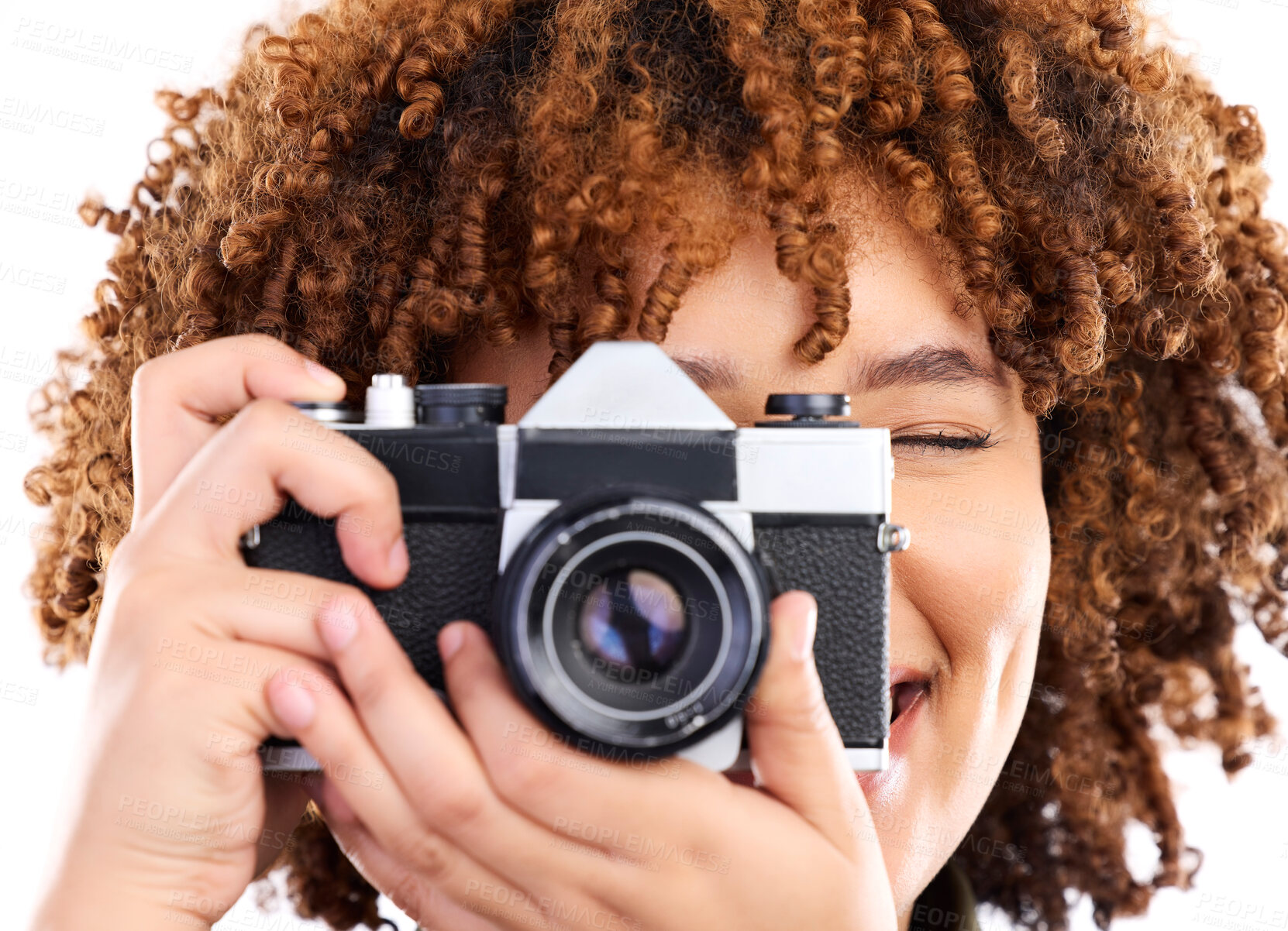 Buy stock photo Digital camera, black woman and photography young person taking picture in a studio. Isolated, white background and photographer shooting with a female feeling happiness with a smile from creativity