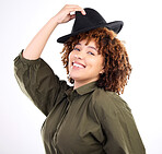 Black woman, fun hat and studio portrait of a young person laughing in isolated white background. Happiness, smile and female with modern clothes and head accessories feeling happy and relax