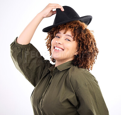 Buy stock photo Black woman, fun hat and studio portrait of a young person laughing in isolated white background. Happiness, smile and female with modern clothes and head accessories feeling happy and relax