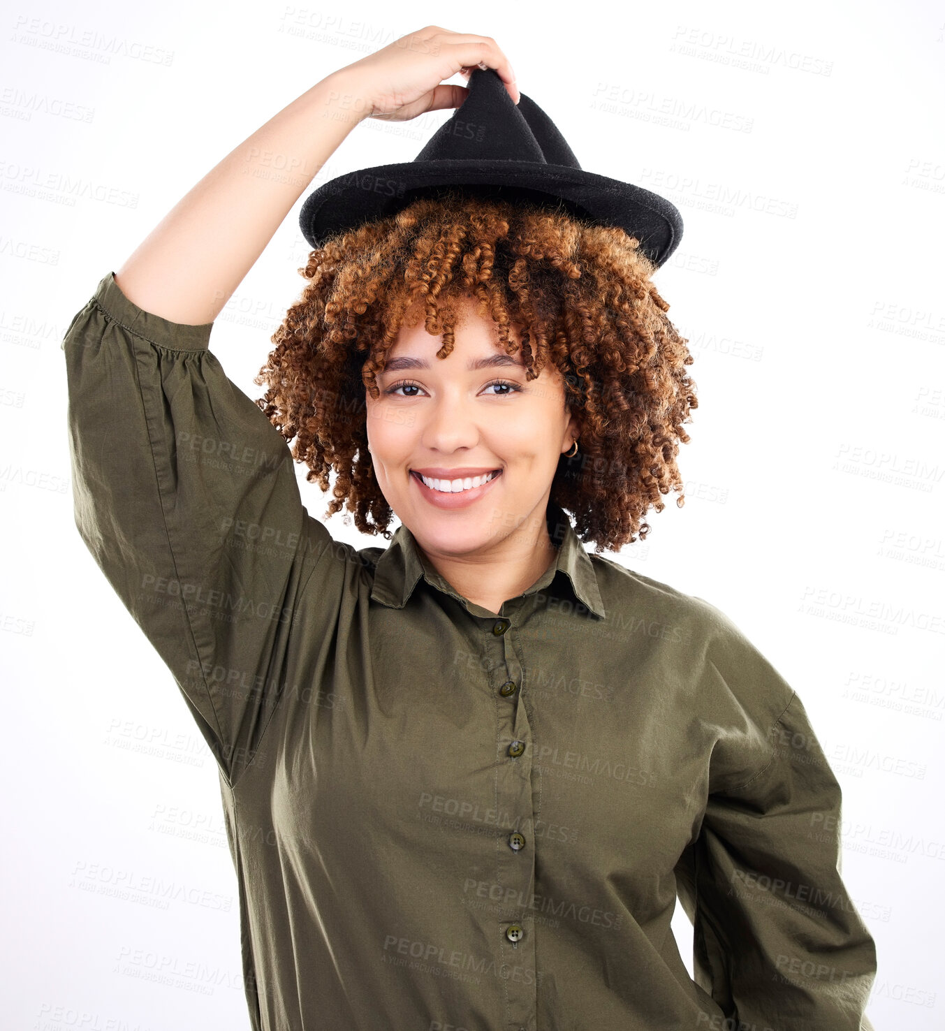 Buy stock photo Black woman, hat and studio portrait of a young person modern fashion in isolated white background. Happiness, smile and female with modern clothes and head accessories feeling happy and relax