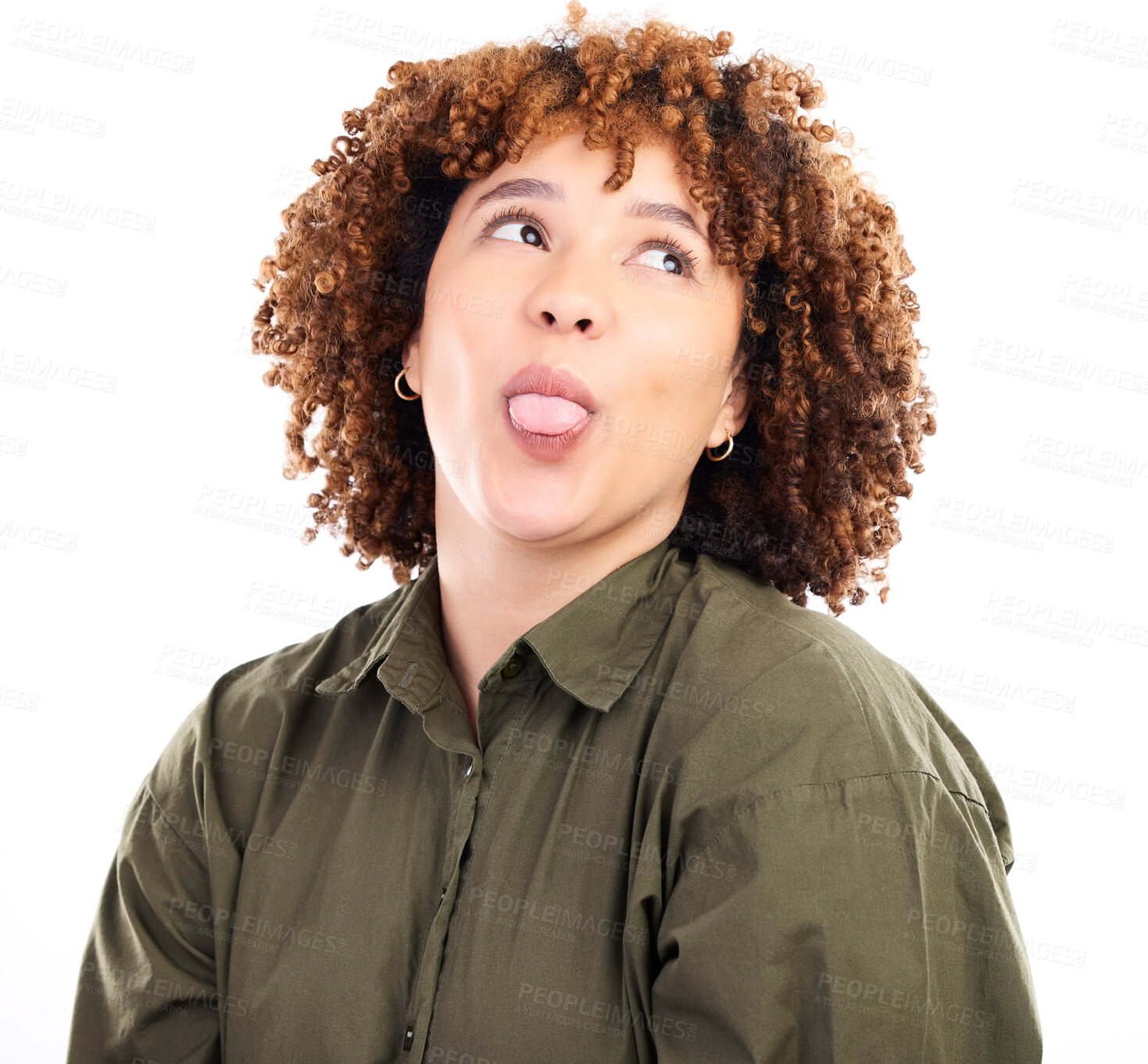 Buy stock photo Tongue out, funny and woman being silly, fun and excited posing isolated against a studio white background. Trendy, gen z and young female being a crazy comic person or lady with facial expression 