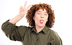 Fun, happy and peace sign by woman posing tongue out and closed eyes isolated in a studio white background. Gen z, excited and cool African America female or person with casual style and happiness 