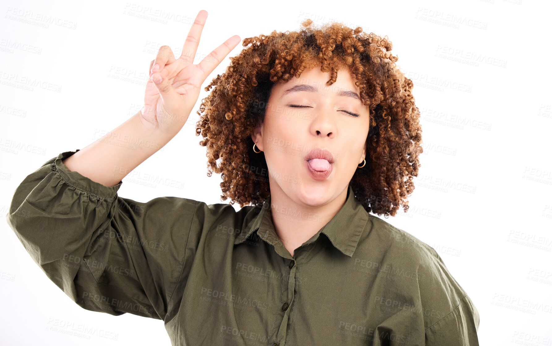 Buy stock photo Fun, happy and peace sign by woman posing tongue out and closed eyes isolated in a studio white background. Gen z, excited and cool African American female or person with casual style and happiness 