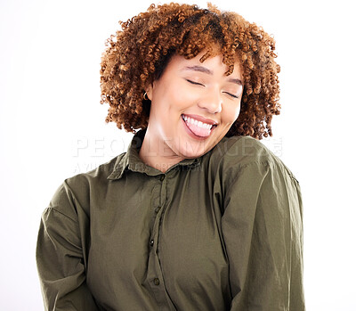 Buy stock photo Face, tongue and afro with a playful black woman in studio isolated on a white background for fun or humor. Comic, playing or funny with an attractive young female feeling carefree or cheerful