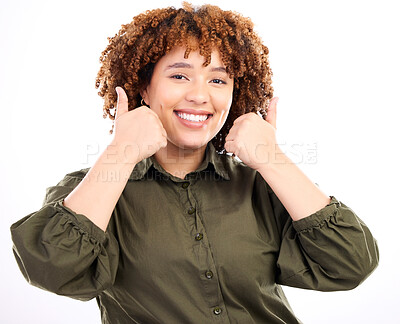 Buy stock photo Thumbs up, black woman smile and portrait of young model in isolated white background in studio.Thank you, yes and like emoji hand sign of a female showing okay, agreement and approval hands gesture