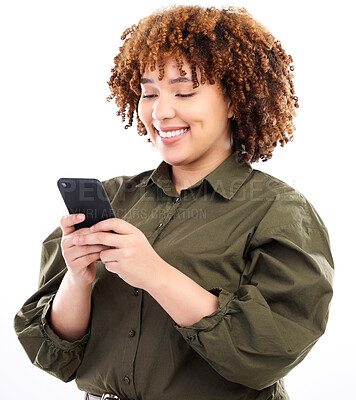 Buy stock photo Black woman, phone and studio with a young model reading on social media networking app. Online, streaming and web conversation with a African female looking at happy text with a smile on mobile