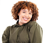 Happy, young and portrait of a black woman with a smile isolated on a white background. Pride, happiness and an African girl with hair empowerment, smiling and confident on a studio backdrop