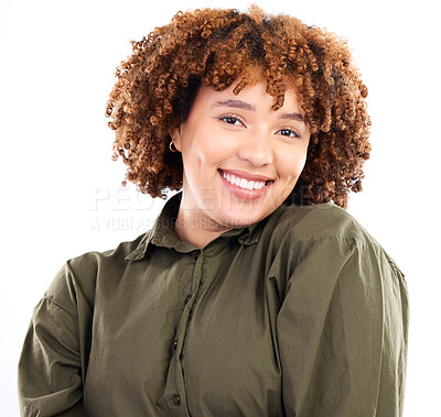 Buy stock photo Happy, young and portrait of a black woman with a smile isolated on a white background. Pride, happiness and an African girl with hair empowerment, smiling and confident on a studio backdrop