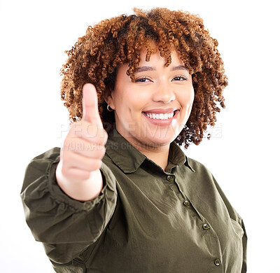 Buy stock photo Thumbs up, black woman and portrait of a young model in isolated white background in studio.Thank you, yes and like emoji hand sign of a female showing okay, agreement and approval hands gesture