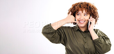 Buy stock photo Phone call, mockup and hand gesture by woman happy for mobile communication by young female with copy space. Talking, conversation and person with 5g service isolated in a studio white background