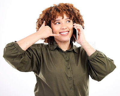 Buy stock photo Call me, hand and gesture by black woman with phone happy for communication by fun, excited and young female. Talking, conversation and person with wifi service isolated in a studio white background