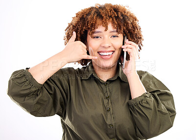 Buy stock photo Phone, portrait and call me hand gesture by woman happy for mobile communication by fun, excited and young female. Talking, conversation and person with service isolated in studio white background