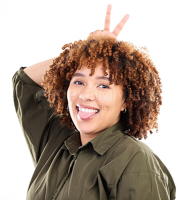 Buy stock photo Black woman, tongue out in portrait with peace hand sign and goofy, playful and smile isolated on white background. Happy person, funny face with v, emoji and crazy, comic with female and gen z