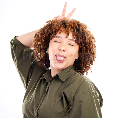 Buy stock photo Black woman, peace sign and funny expression with smile, tongue out and cheerful girl isolated on white studio background. Jamaican female, lady and silly face for fun, finger and playful with joy