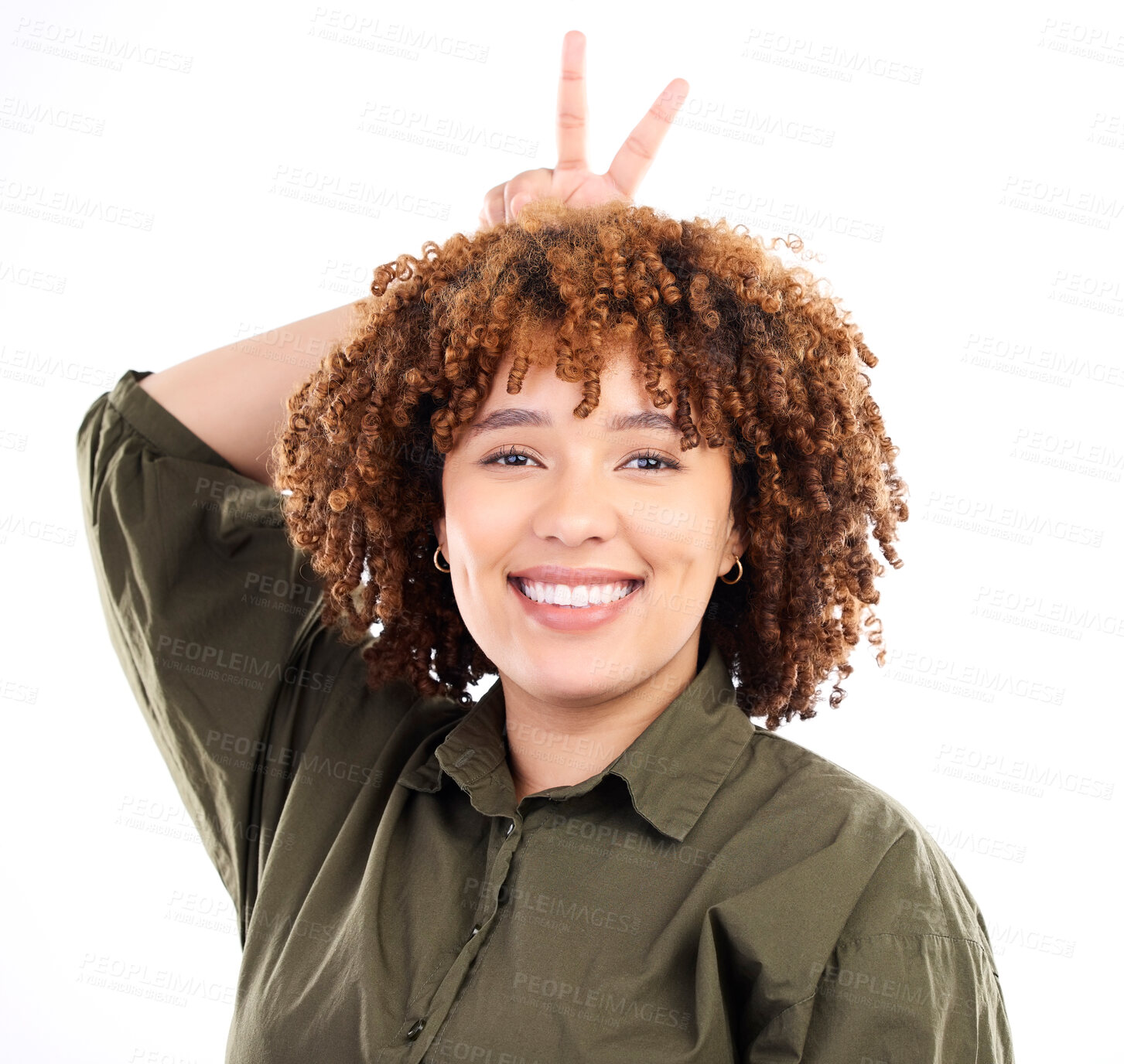 Buy stock photo Portrait, black woman and peace sign for support, happiness and community with girl isolated on white studio background. Face, African American female and lady with smile, v hand gesture and joyful 