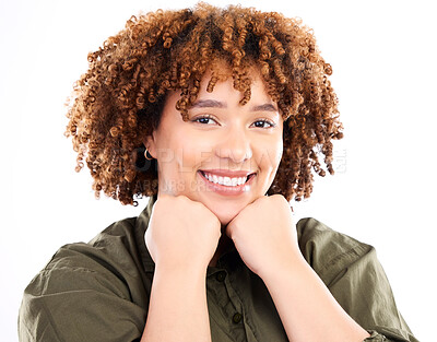 Buy stock photo Happy, beautiful and portrait of a black woman with confidence isolated on a white background. Smile, happiness and an African girl with empowerment, smiling and confident on a studio backdrop