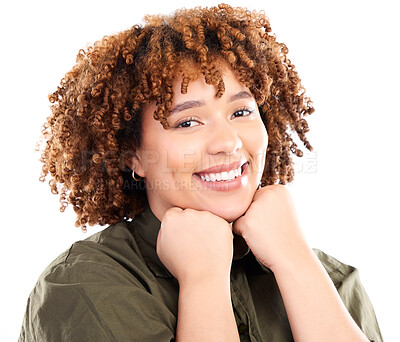 Buy stock photo Portrait, happy and face relax on hands of black woman in studio with mockup, space and white background. Real, smile and person with natural, joy or expression, proud and confident on copyspace