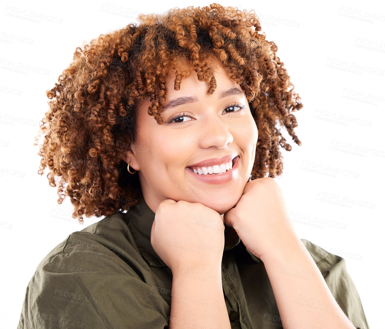 Buy stock photo Portrait, happy and face relax on hands of black woman in studio with mockup, space and white background. Real, smile and person with natural, joy or expression, proud and confident on copyspace