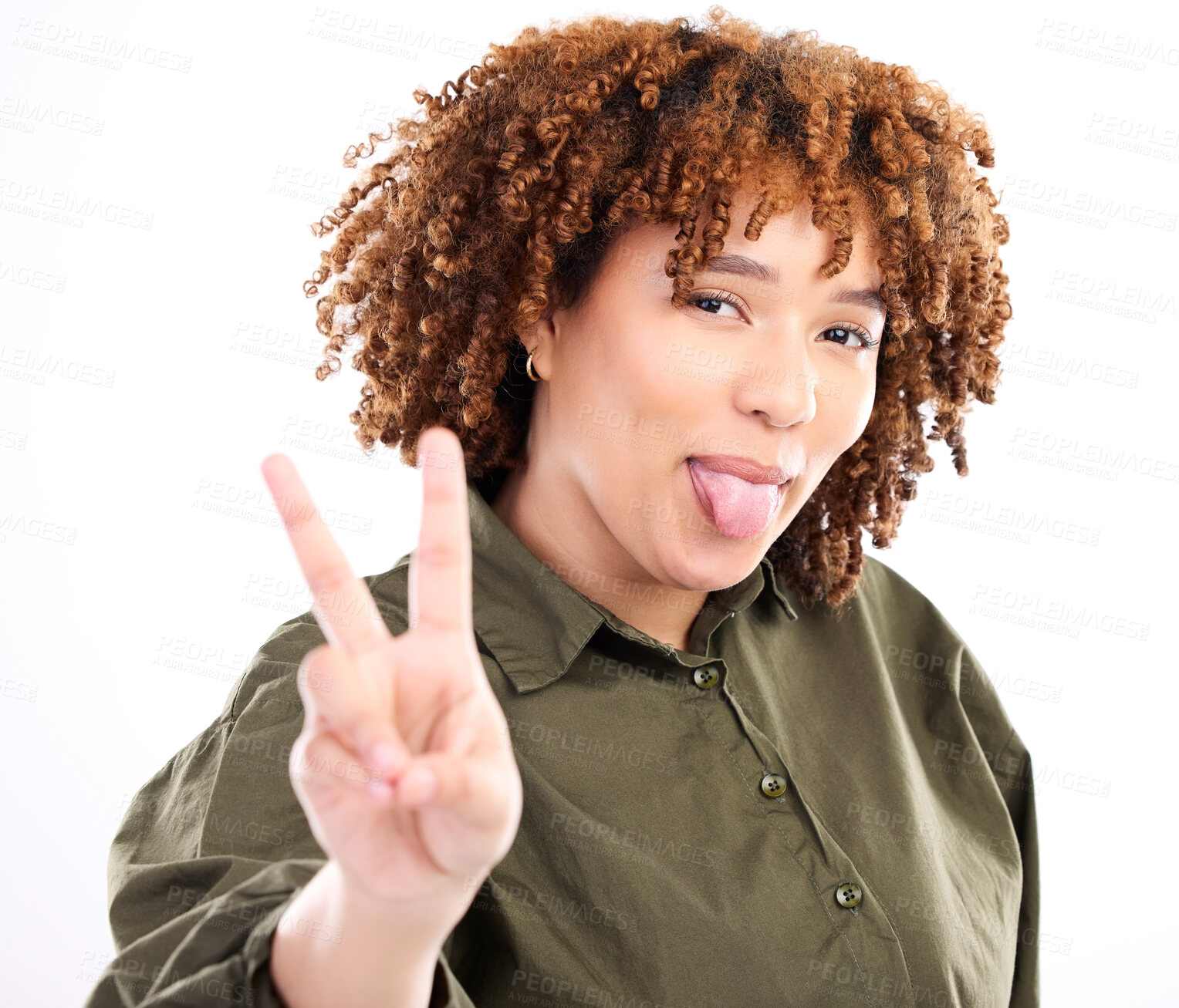 Buy stock photo Tongue out, peace sign and portrait of a young black woman with funny hand sign in studio. Isolated, white background and gen z pose for social media with happiness and silly and funny hands gesture