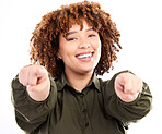 Portrait of black woman pointing you isolated on a white background to show winner, opportunity or success choice. Hiring worker, employee or person finger or hand sign for recruitment or winning