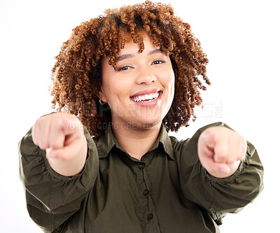 Buy stock photo Portrait of black woman pointing you isolated on a white background to show winner, opportunity or success choice. Hiring worker, employee or person finger or hand sign for recruitment or winning