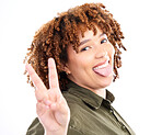 Peace sign, tongue out and portrait of black woman excited, confident and happy isolated against a studio white background. Young, fun and hand gesture by female feeling relax and happiness casual