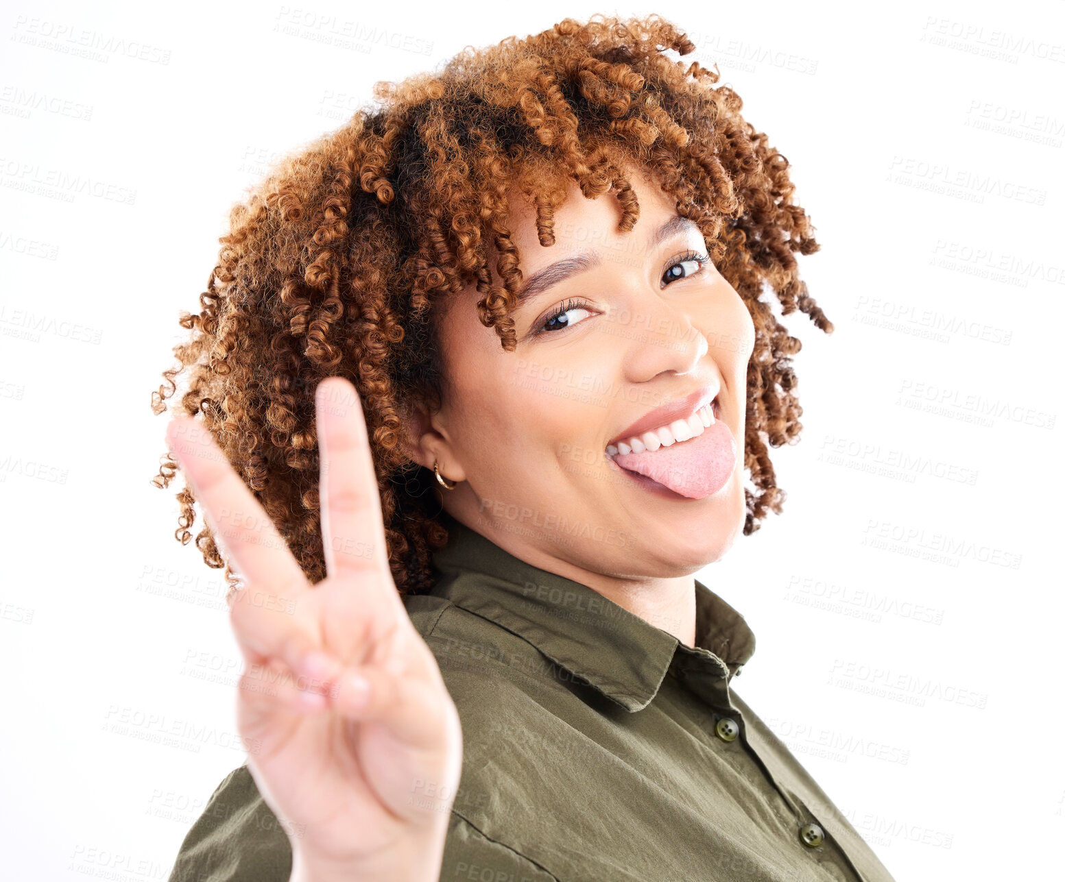 Buy stock photo Peace sign, tongue out and portrait of black woman is confident and happy isolated against a studio white background. Young, fun and hand gesture by female feeling relax and happiness casual