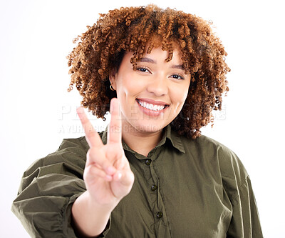 Buy stock photo Peace sign, gesture and portrait of black woman excited, confident and happy isolated against a studio white background. Young, fun and V hand by casual female feeling relax and happiness