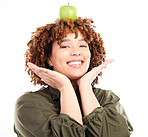 Apple, face portrait and black woman with fruit product for weight loss diet, healthcare lifestyle or body detox. Wellness food, nutritionist studio and happy vegan girl isolated on white background