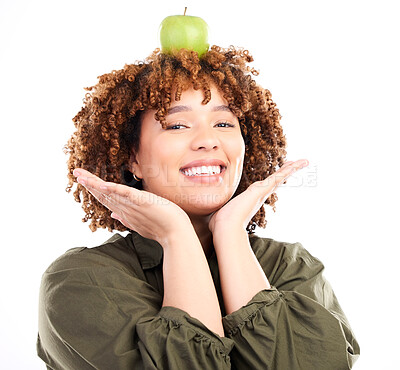 Buy stock photo Woman, apple and head balance portrait with fruit product for weight loss diet, healthcare lifestyle or body detox. Vegan food, nutritionist studio and happy African girl isolated on white background