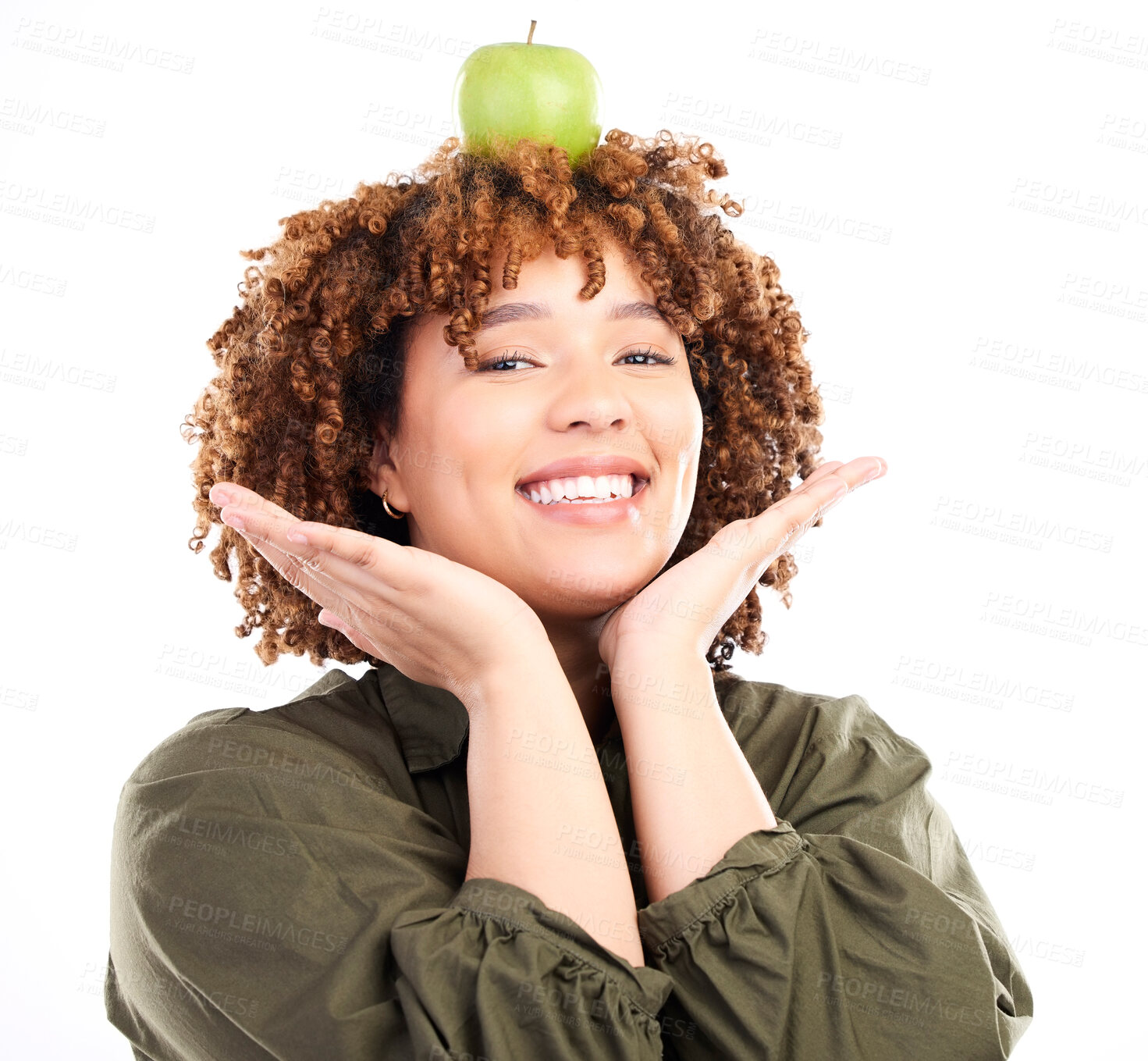 Buy stock photo Woman, apple and head balance portrait with fruit product for weight loss diet, healthcare lifestyle or body detox. Vegan food, nutritionist studio and happy African girl isolated on white background