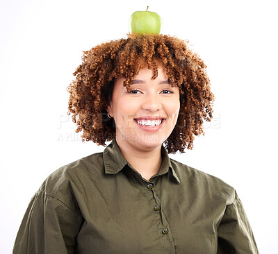 Buy stock photo Apple, African face portrait and happy woman with fruit product for weight loss diet, healthcare lifestyle or body detox. Wellness food, nutritionist studio or vegan girl isolated on white background