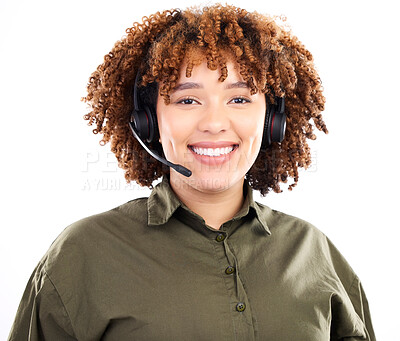 Buy stock photo Call center, portrait or face of black woman in communication isolated on white background. Customer services, smile or happy sales agent with microphone helping at crm or technical support in studio