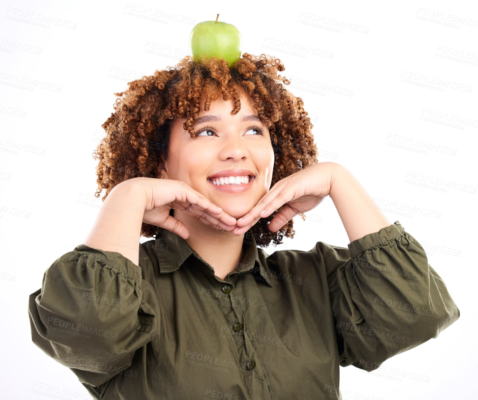 Buy stock photo Apple, face and happy black woman with fruit product for weight loss diet, healthcare lifestyle or body detox. Wellness food, nutritionist smile and vegan studio model isolated on white background