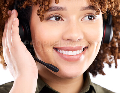 Buy stock photo Call center, telemarketing or face of black woman in communication isolated on white background. Customer services, smile or happy sales agent with microphone helping at technical support in studio