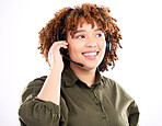 Call center, telemarketing or happy black woman in communication isolated on white background. Customer services, smile or sales agent with microphone helping at crm or technical support in studio