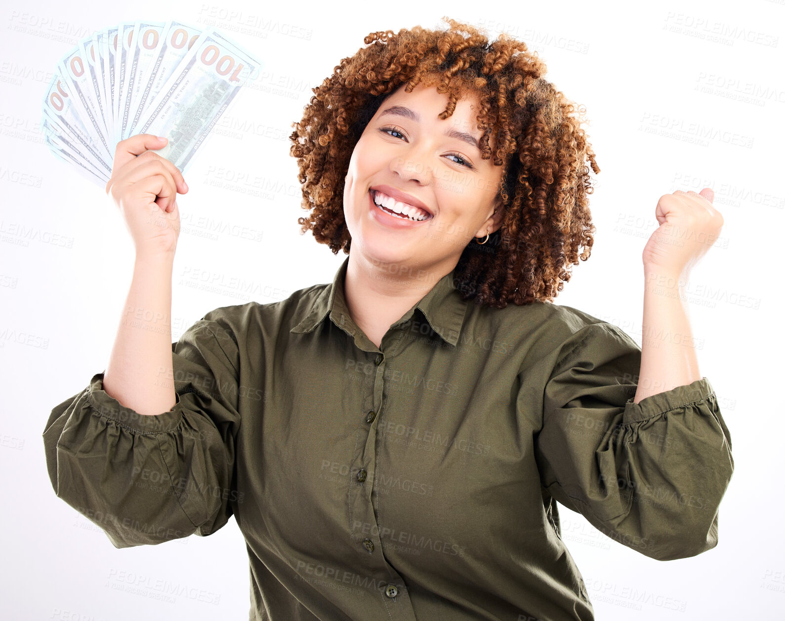 Buy stock photo Happy, money and winner with portrait of black woman for investment, success or growth. Cash, dollar and wow with face of girl customer isolated on white background for financial, deal or promotion