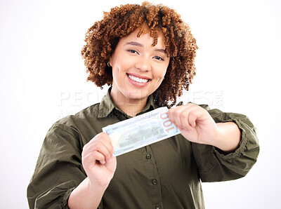 Buy stock photo Money, African portrait and happy woman winning lotto, competition prize or cash dollar award. Finance bonus, payment and studio winner of poker, bingo or casino gambling isolated on white background