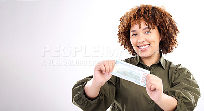 Buy stock photo Studio money, portrait smile and African woman winning lotto, competition prize or cash dollar award. Bonus, payment and mockup winner of poker, bingo or casino gambling isolated on white background