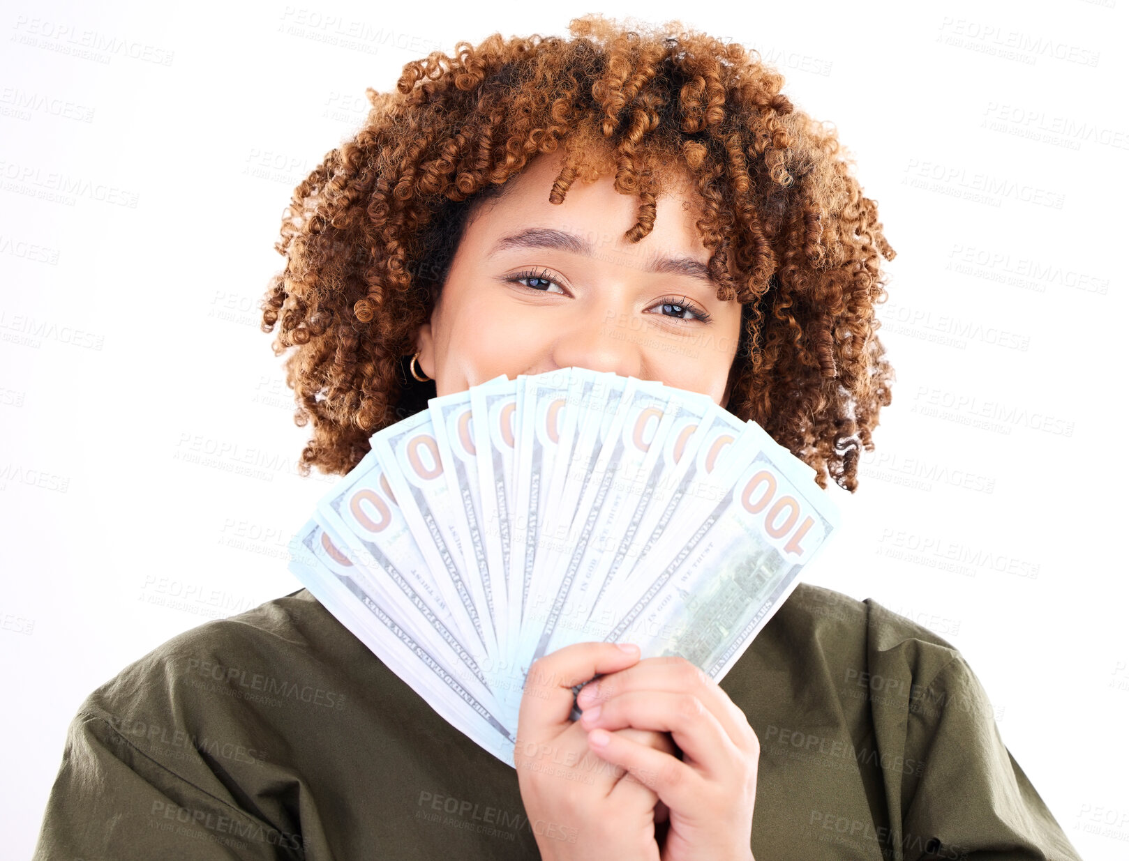 Buy stock photo Finance, money and winner with portrait of black woman for investment, success or growth. Cash, dollar and wealth with girl customer isolated on white background for financial, deal or promotion