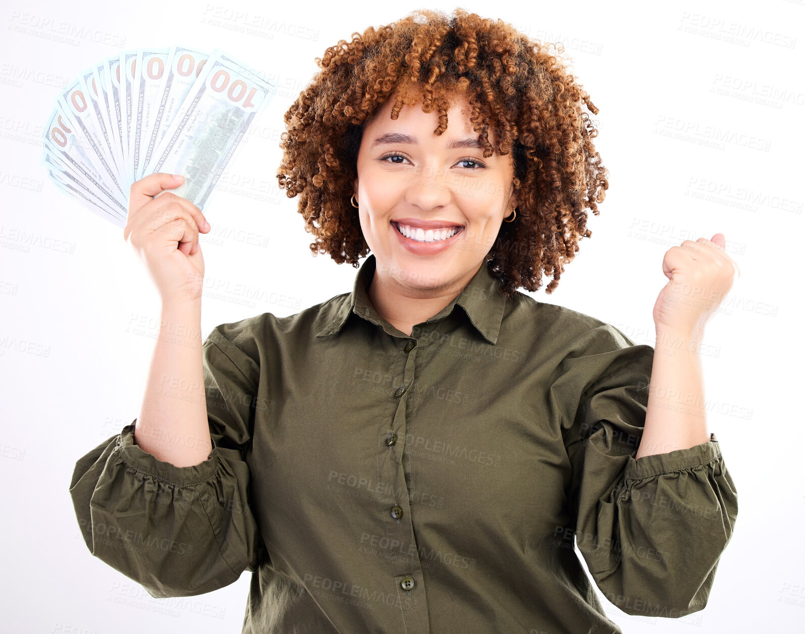 Buy stock photo Success, money and winner with portrait of black woman for investment, finance or growth. Cash, dollar and wow with face of girl customer isolated on white background for financial, deal or promotion