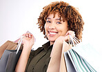 Fashion, portrait or happy customer in studio with shopping bag from boutique sale isolated on white background. Smile, face or excited black woman studio with retail products on discount or offers 