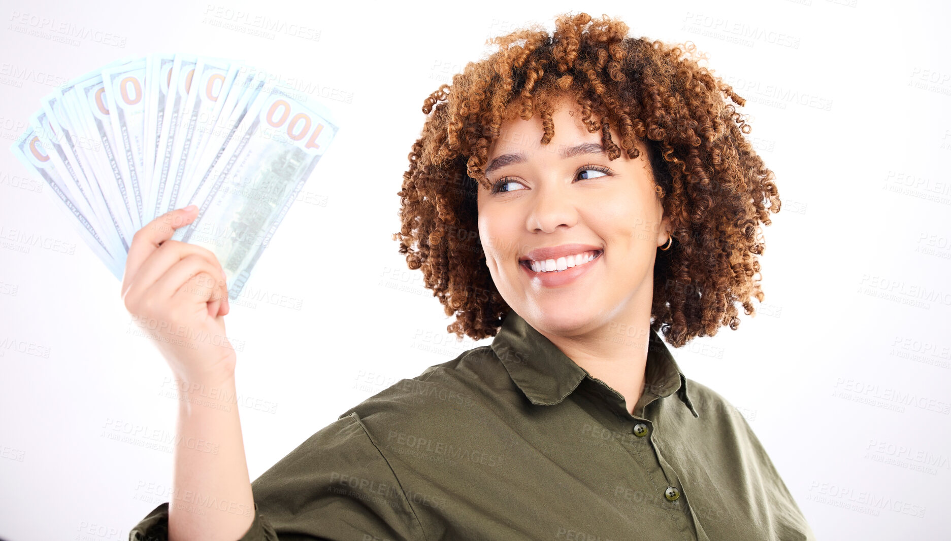 Buy stock photo Finance, money and winner with happy with black woman for investment, success or growth. Cash, dollar and wealth with face of customer isolated on white background for financial, deal or promotion