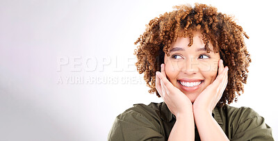 Buy stock photo Face, idea and mockup with a black woman in studio on a gray background for product placement. Thinking, space and mock up with an attractive young female posing on a wall of empty branding space