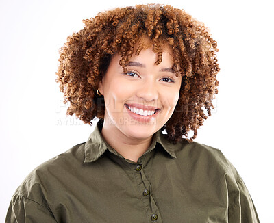 Buy stock photo Portrait of black woman with smile on face, isolated on white background and happy creative at marketing or advertising agency. Business, aesthetic and smiling employee in studio with office fashion.