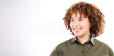 Buy stock photo Thinking, mockup and branding with a black woman in studio on a gray background for product placement. Idea, mock up and advertising with an attractive young female against a blank wall of space