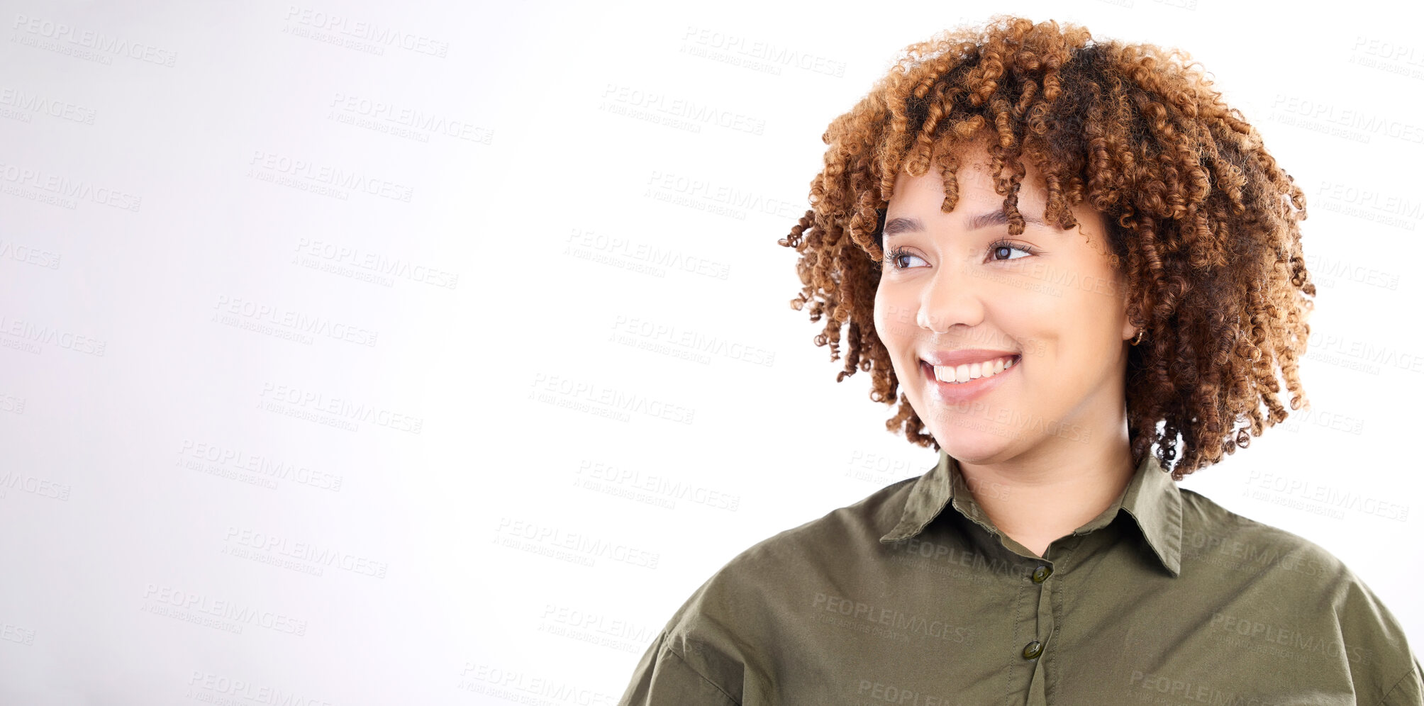 Buy stock photo Thinking, mockup and branding with a black woman in studio on a gray background for product placement. Idea, mock up and advertising with an attractive young female against a blank wall of space