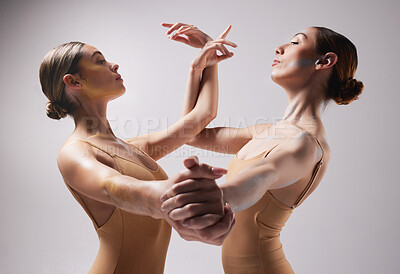 Buy stock photo Ballet, ballerina team and women dance together for creative performance, dancing and training in studio. Collaboration, theatre and females in dancer pose for routine, practice and contemporary art