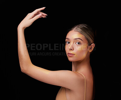 Buy stock photo Beauty, ballet and portrait of dancer on black background for creative performance, dancing and training. Ballerina mockup, elegant art and isolated girl with glow for routine, practice and theatre