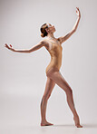 Woman, dancer pose and ballet exercise in a isolated and white background studio. Dancing, ballerina focus and performance artist girl ready for creative performance and routine training start